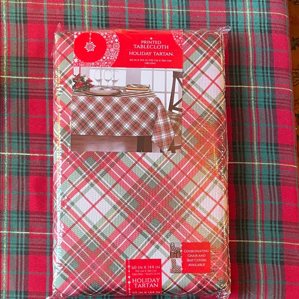 Holiday Tartan Printed Tablecloth - Red and Green 60”x144”.